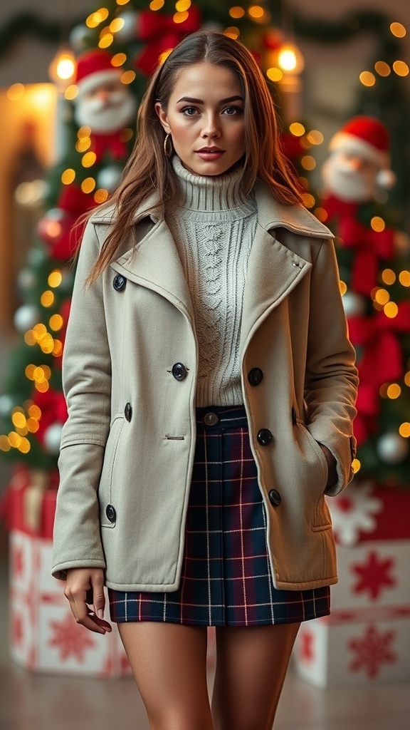 Stylish Christmas Outfit with Aesthetic Jacket A fashionable Christmas outfit with an aesthetic jacket, turtleneck, and plaid skirt in a festive environment.